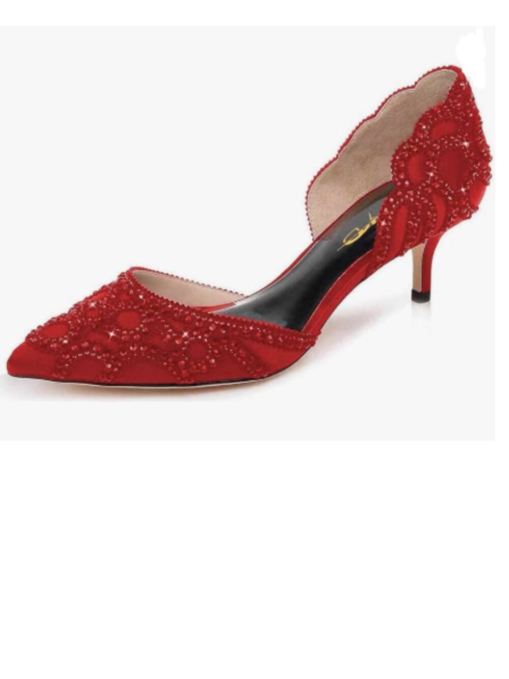XYD Red Pumps, Elegant Pointed Toe, D'Orsay Kitten Low Heels, Rhinestone Shoes
